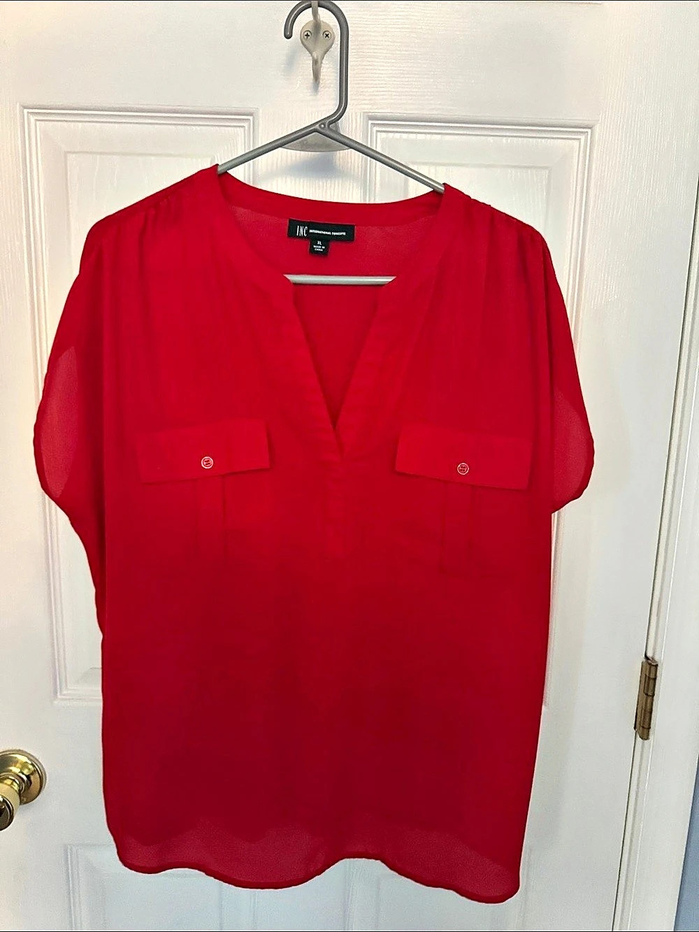 INC International Concepts Red V-Neck Blouse Size XL Like New